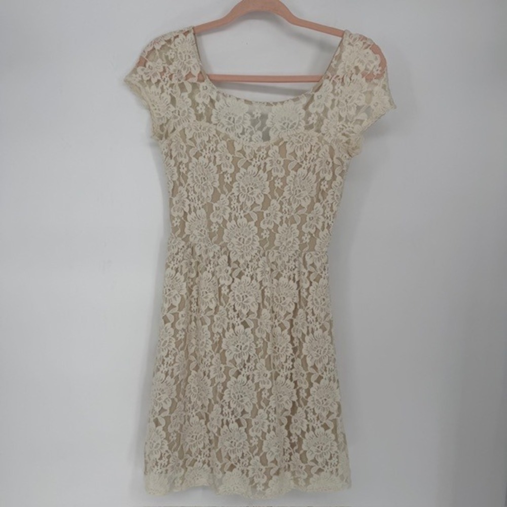 American Eagle Cream Floral Lace Mini Dress Cap Sleeve Tan Lining 2 7467635409